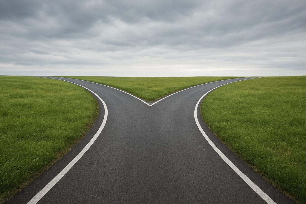 A two-lane road splitting into two directions surrounded by green fields under a cloudy sky.