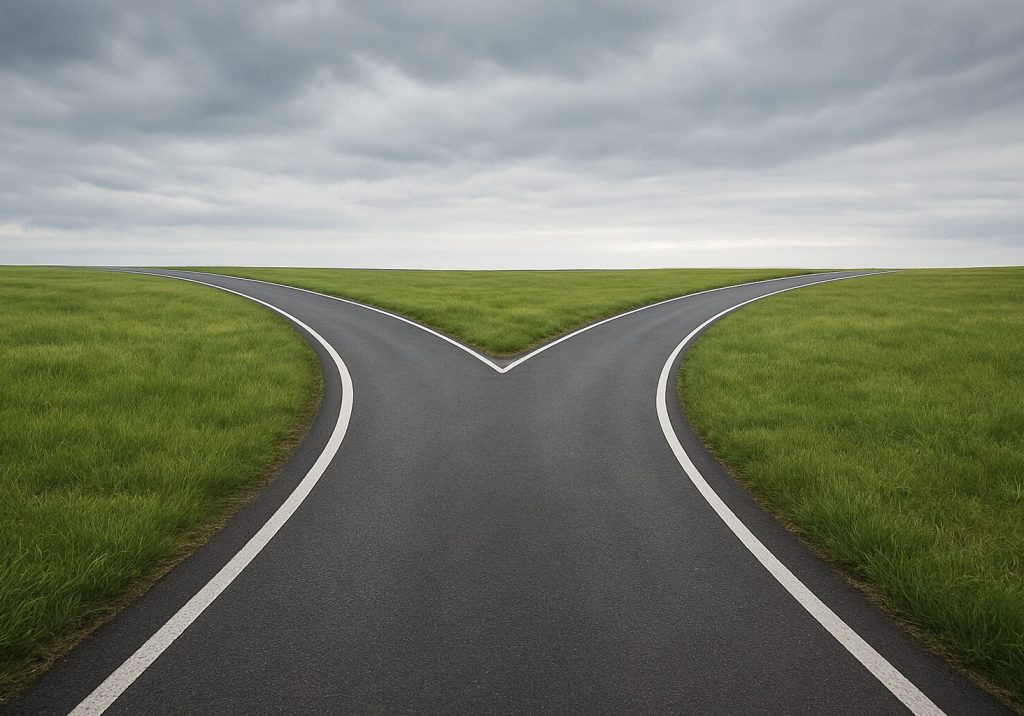 A two-lane road splitting into two directions surrounded by green fields under a cloudy sky.