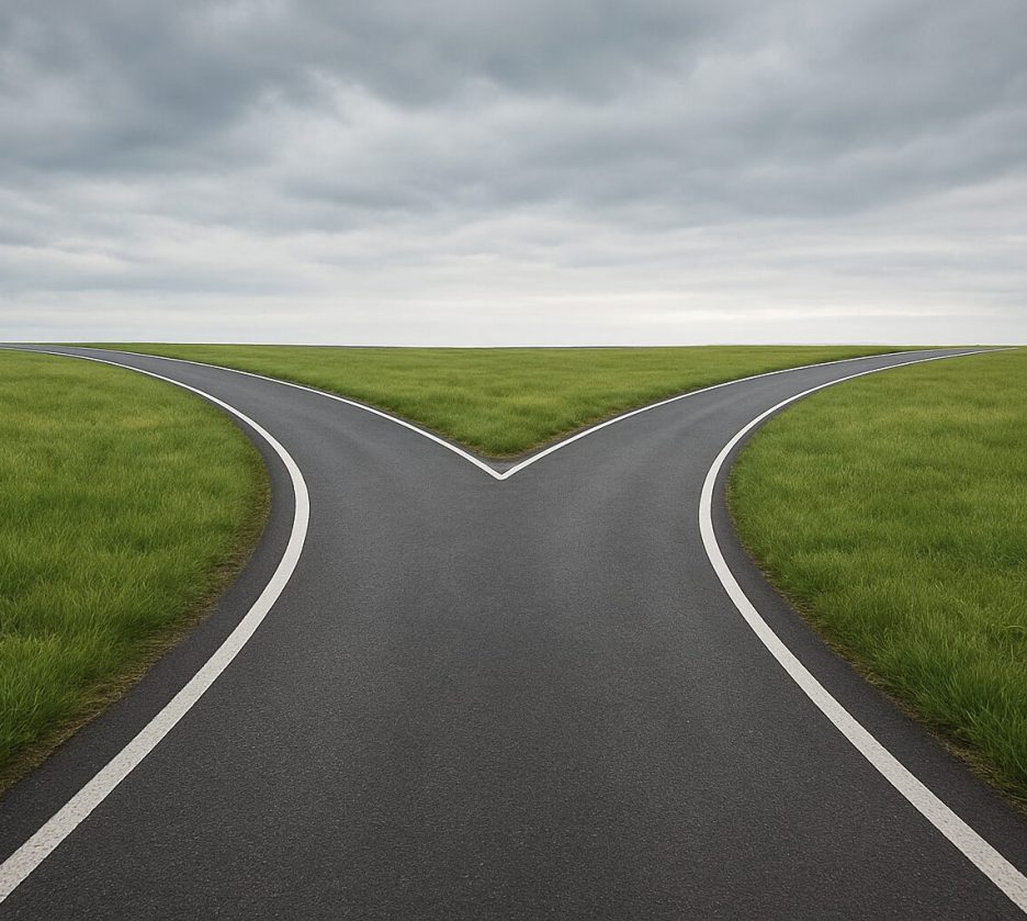 A two-lane road splitting into two directions surrounded by green fields under a cloudy sky.