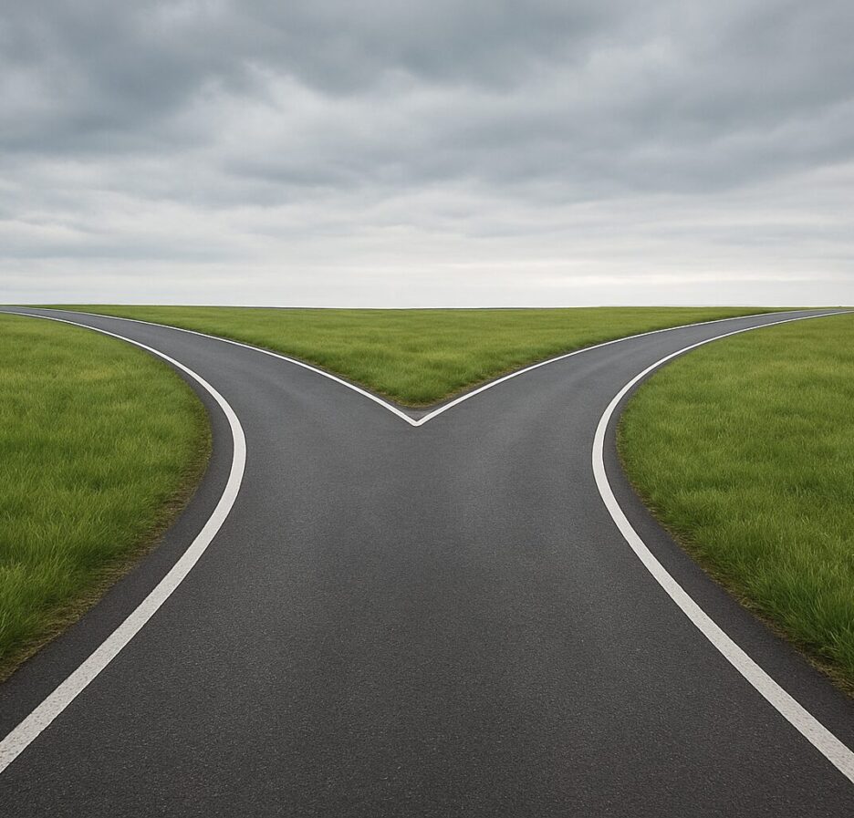 A two-lane road splitting into two directions surrounded by green fields under a cloudy sky.