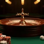 A roulette wheel surrounded by stacks of colorful poker chips and a white ball on a green felt table, evoking the casino