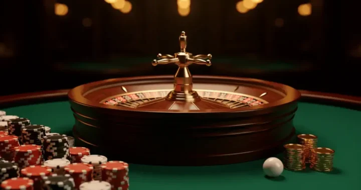 A roulette wheel surrounded by stacks of colorful poker chips and a white ball on a green felt table, evoking the casino