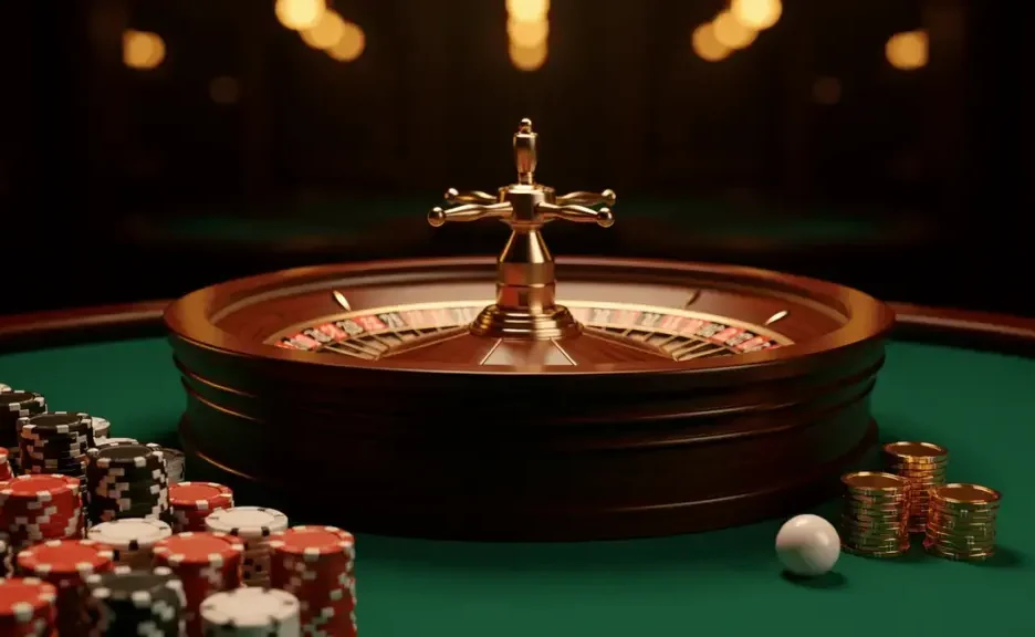 A roulette wheel surrounded by stacks of colorful poker chips and a white ball on a green felt table, evoking the casino