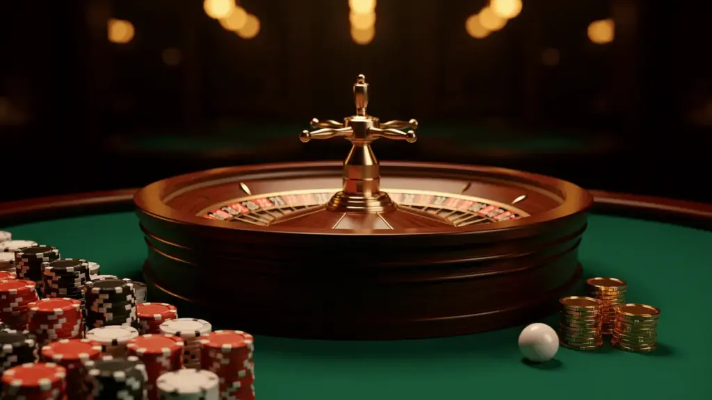A roulette wheel surrounded by stacks of colorful poker chips and a white ball on a green felt table, evoking the casino